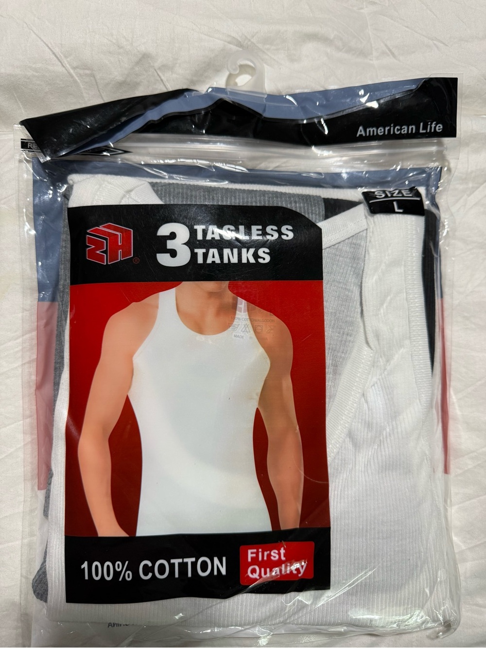 Men’s 3 Pack White Tank Tops 100%‎ Cotton Size L NWT Undershirts